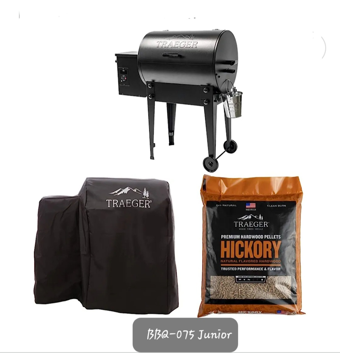 TRAEGER WOOD PELLET BBQ BBQ-075  TRAEGER WOOD PELLET BBQ BBQ-075 Junior wood pellet grille, smoker c/w full grill cover (new), wood pellets, BBQ scrapper brush and instructions, 110V plug in. Viewable this Friday, Saturday, Sunday only $400.00 1+780 441-5825